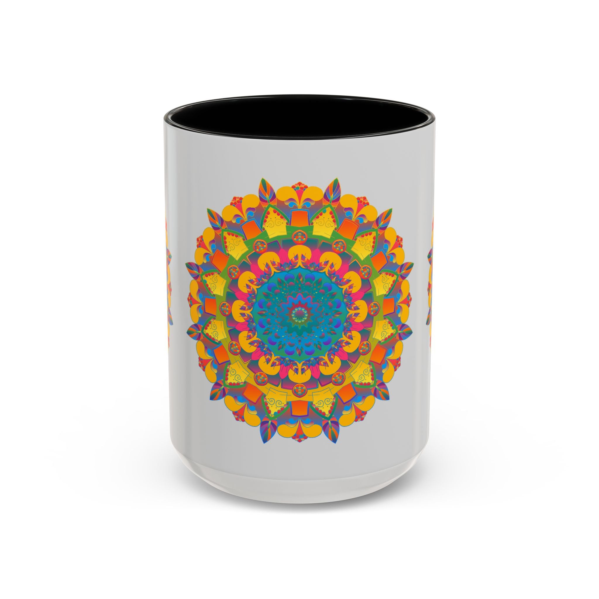 Large ceramic mug featuring a vibrant mandala art design with colorful floral motifs