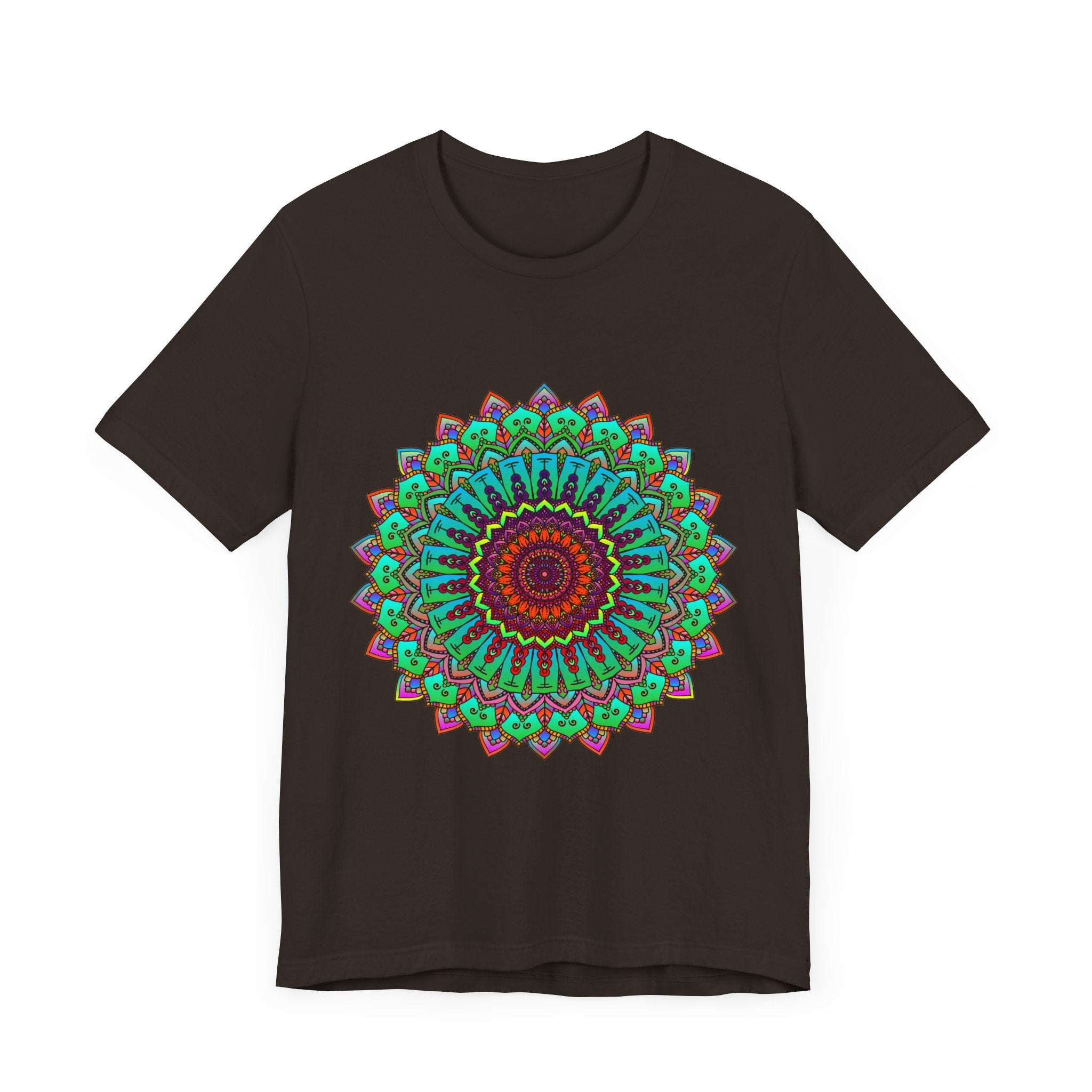 An image of a vibrant mandala tee featuring colorful and spiritual art