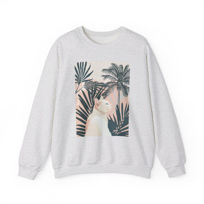 Cozy unisex heavy blend crewneck sweatshirt featuring a cute cat lounging under palm trees design