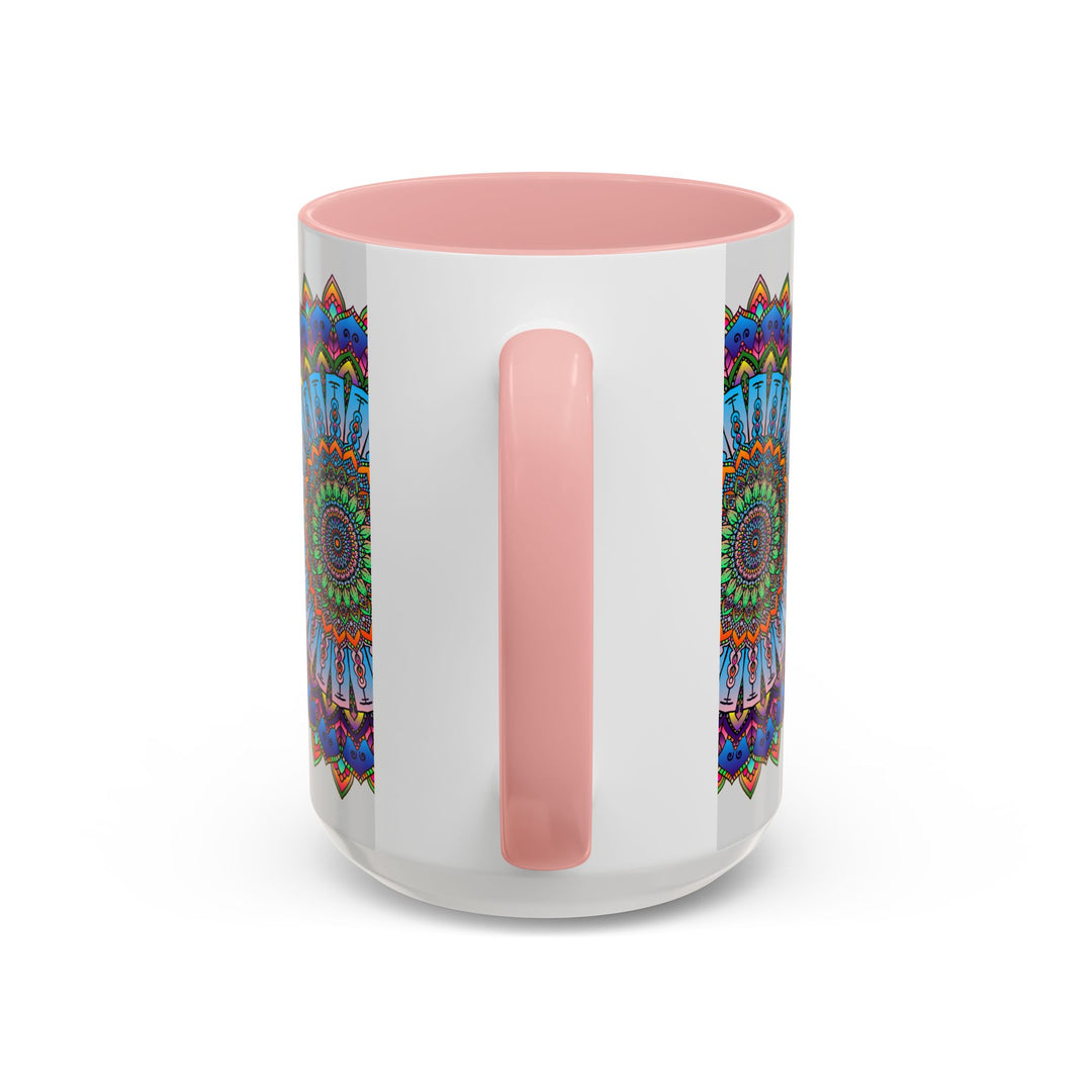 Vibrant mandala mug featuring colorful art on a grey background, perfect for adding a pop of color to your morning routine