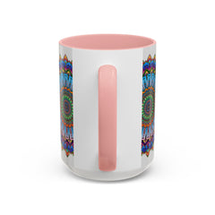Vibrant mandala mug featuring colorful art on a grey background, perfect for adding a pop of color to your morning routine