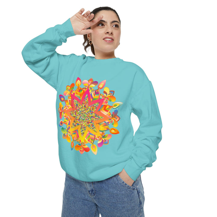 Colorful mandala sweatshirt with intricate geometric patterns and vibrant hues