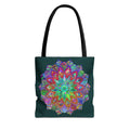 Dark green tote bag with colorful mandala design, perfect for carrying books, groceries, and everyday essentials