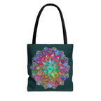 Dark green tote bag with colorful mandala design, perfect for carrying books, groceries, and everyday essentials