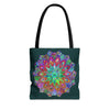 Dark green tote bag with colorful mandala design, perfect for carrying books, groceries, and everyday essentials