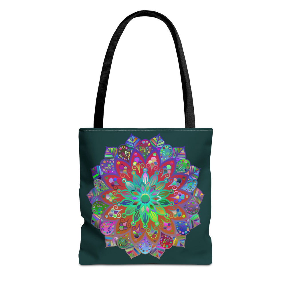 Dark green tote bag with colorful mandala design, perfect for carrying books, groceries, and everyday essentials