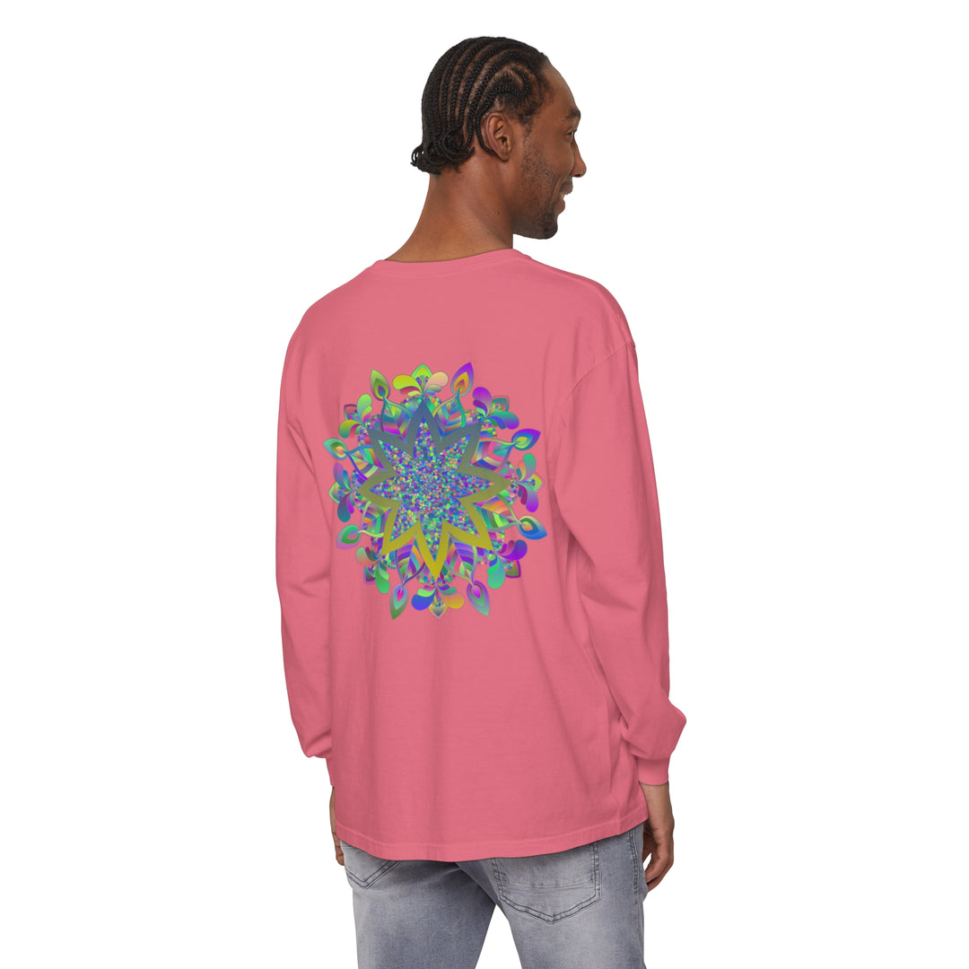 Vibrant and intricate mandala design on a unisex long sleeve t-shirt