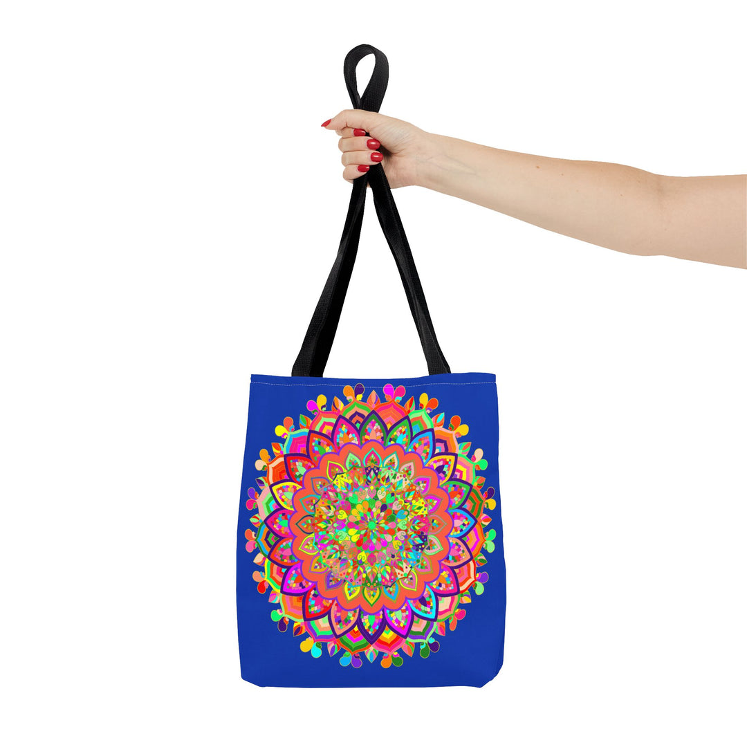 Dark blue tote bag with a colorful mandala art design, perfect for carrying books, groceries, and everyday essentials