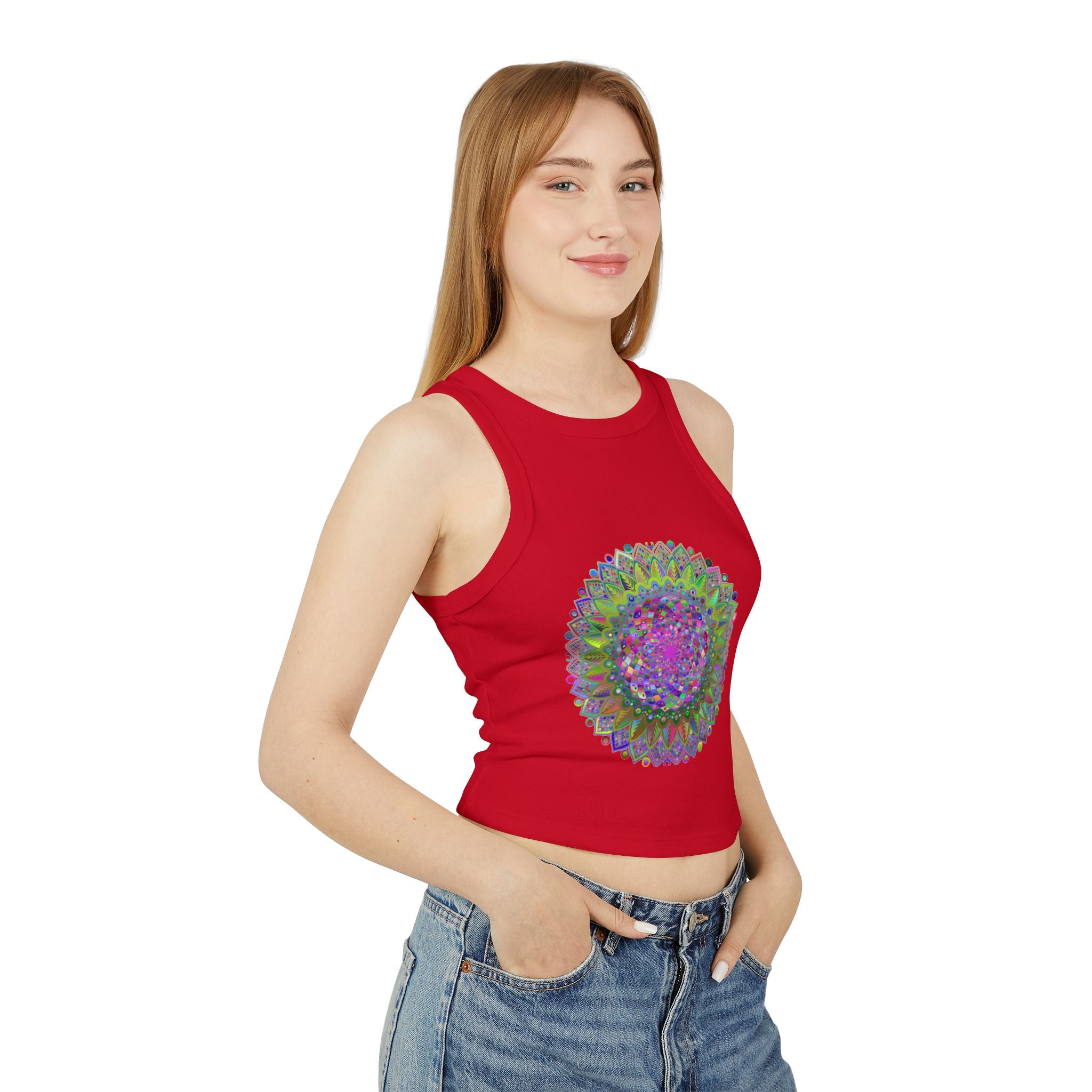 Colorful and intricate mandala design racerback tank top for vibrant and stylish summer look