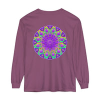 Vibrant purple and green mandala long sleeve t-shirt with intricate design