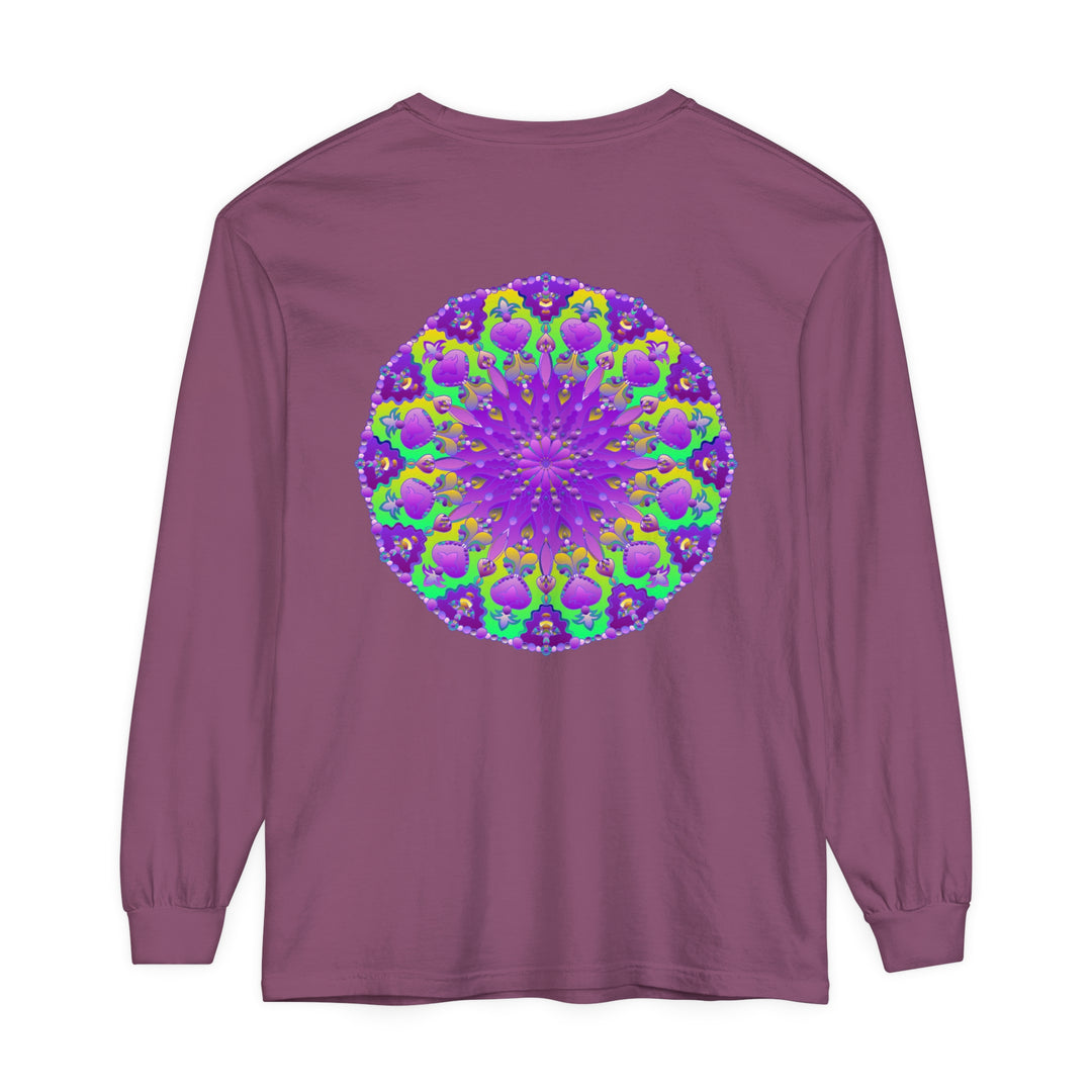 Vibrant purple and green mandala long sleeve t-shirt with intricate design