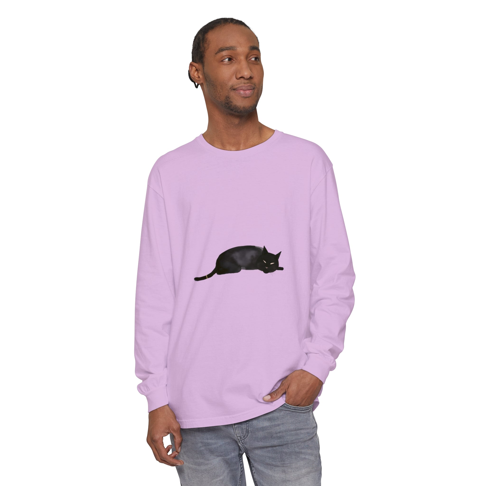 A black cat sleeping peacefully on a unisex long sleeve t-shirt