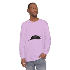 A black cat sleeping peacefully on a unisex long sleeve t-shirt