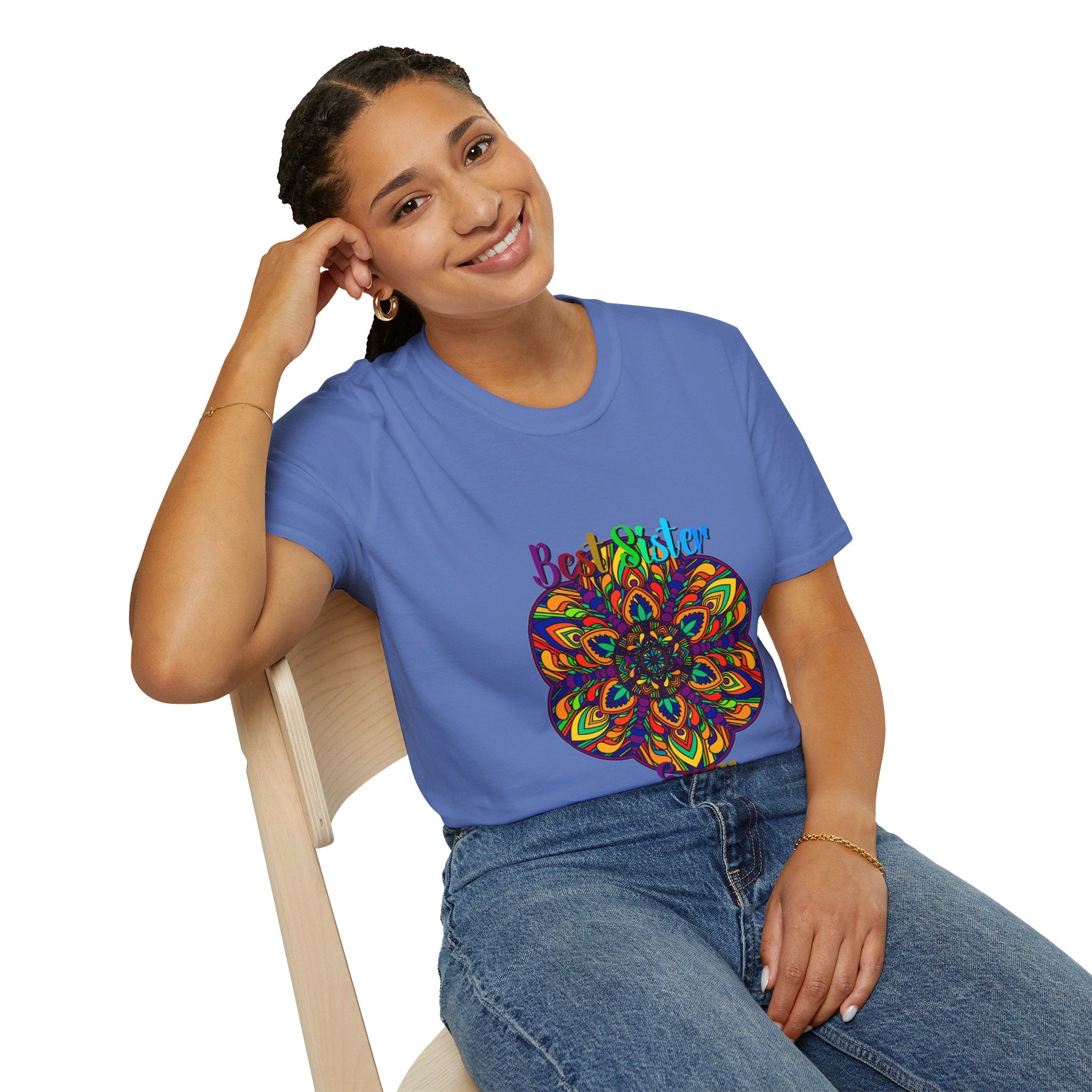 Colorful and intricate mandala art gift for sister unisex softstyle t-shirt with hand-drawn design