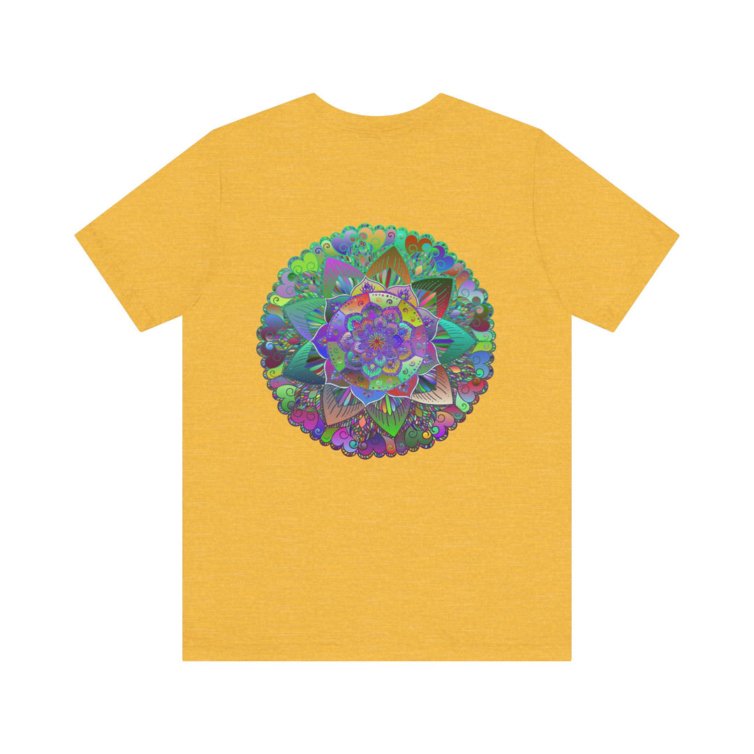 A vibrant mandala t-shirt featuring intricate spiritual designs for peace and harmony