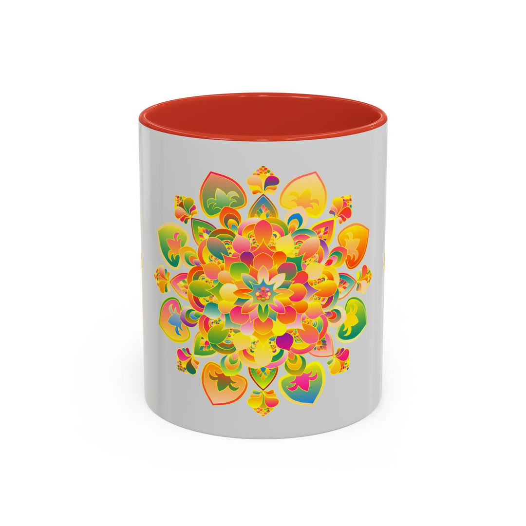 Beautiful mandala art mug with a colorful floral design on a white background