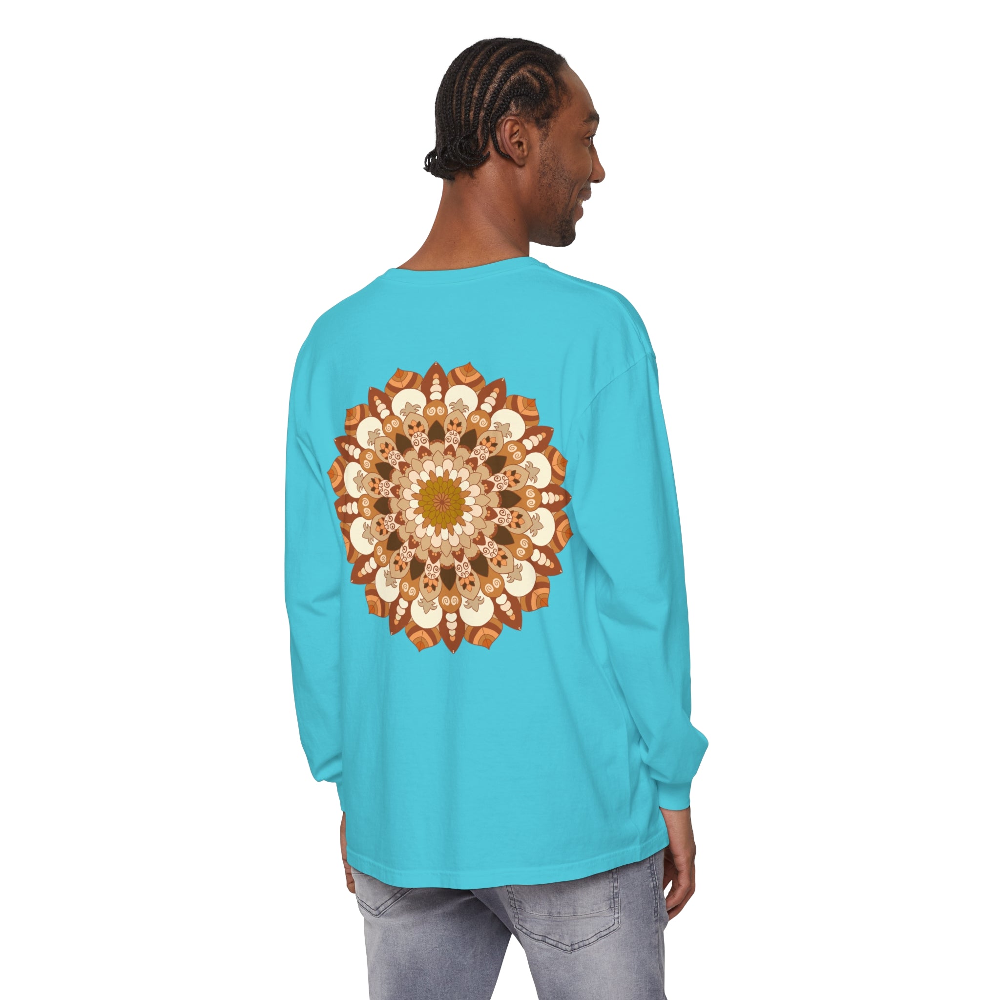 Intricate Mandala Unisex Long Sleeve T-Shirt featuring a detailed and symmetrical mandala design in vibrant colors perfect for both men and women