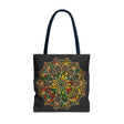 A colorful and intricate mandala art hand-drawn tote bag with all-over print design