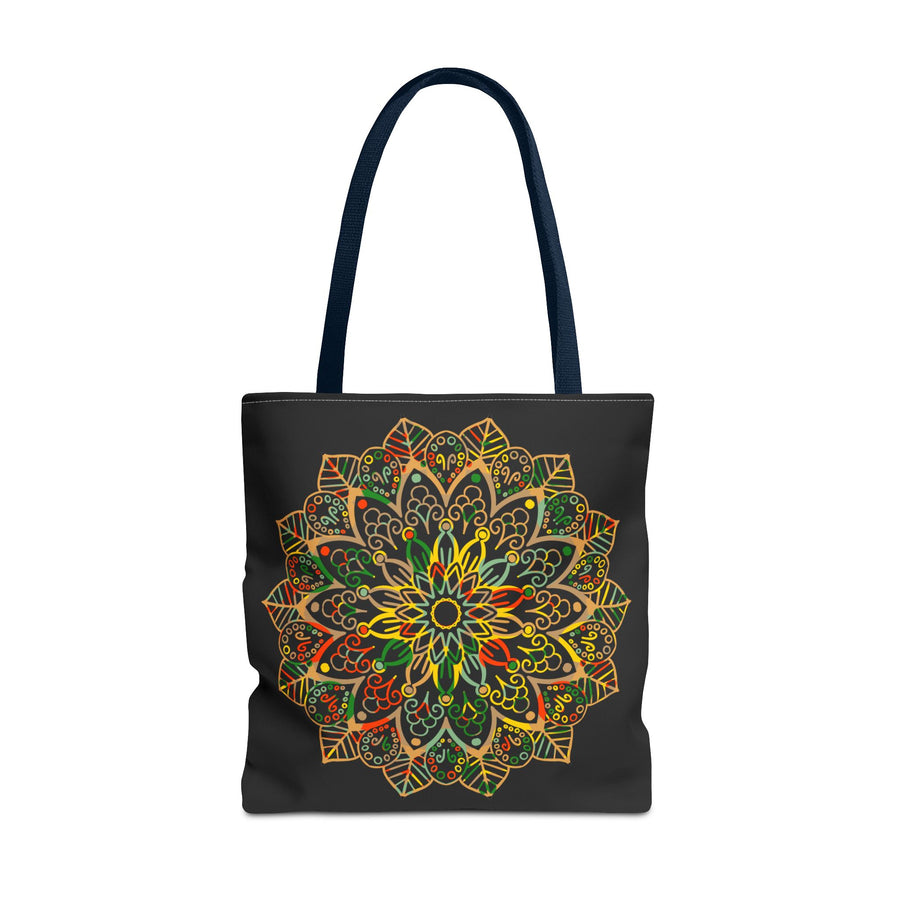 A colorful and intricate mandala art hand-drawn tote bag with all-over print design