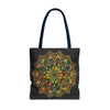 A colorful and intricate mandala art hand-drawn tote bag with all-over print design