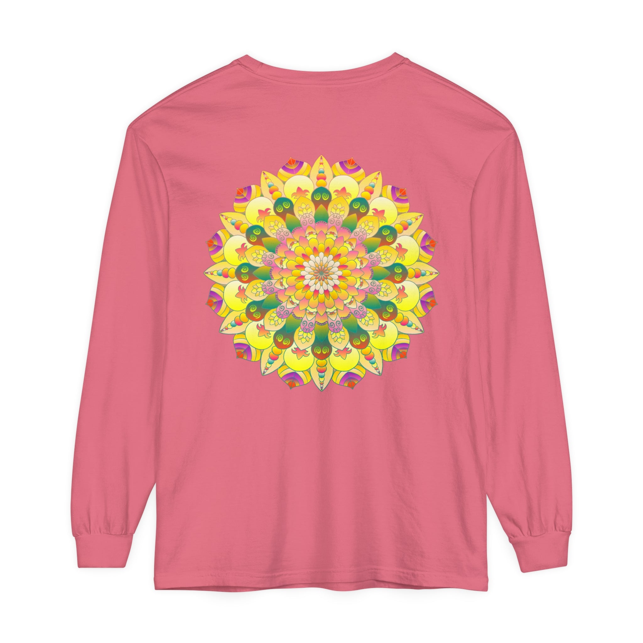 Colorful and intricate mandala design on a unisex long sleeve t-shirt