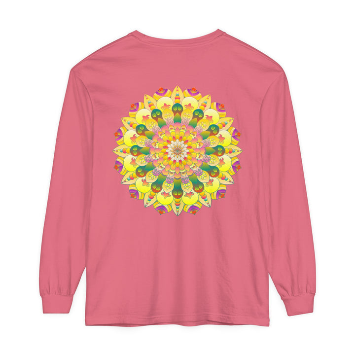 Colorful and intricate mandala design on a unisex long sleeve t-shirt