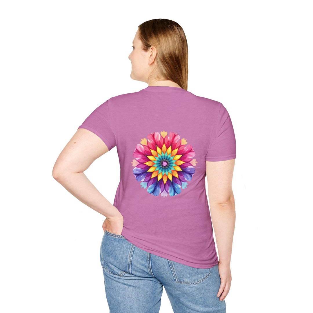 A beautiful and colorful floral mandala design t-shirt with a motivational quote