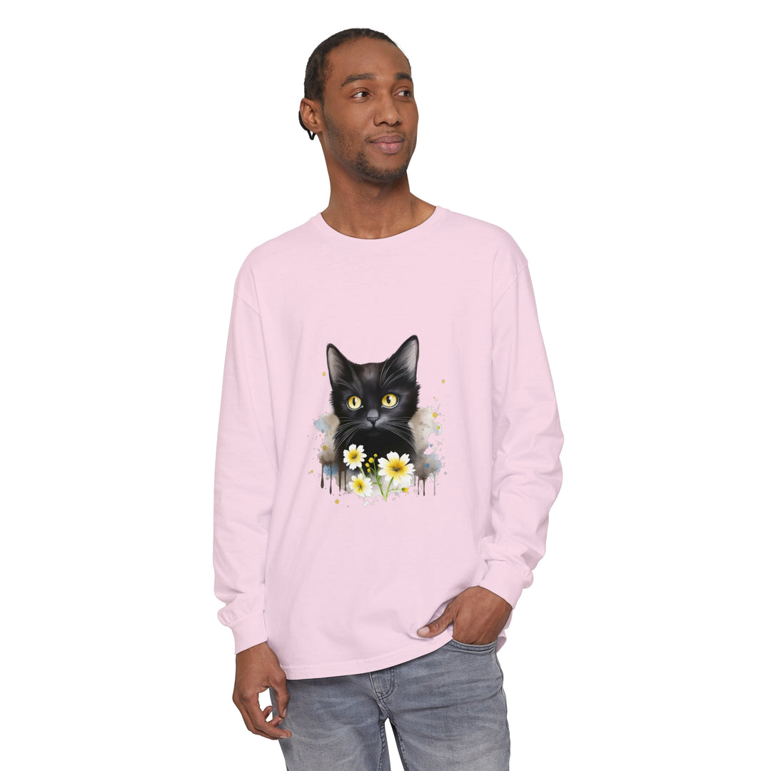 A close-up image of a black cat watercolor floral unisex t-shirt with vibrant colors and intricate details