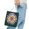 Dark green tote bag featuring a colorful mandala design, perfect for the zen girl in your life, from the Blululi collection