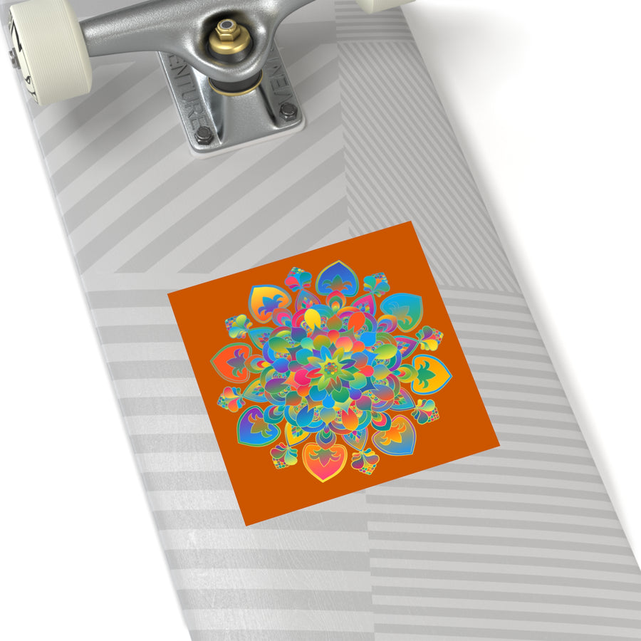 Adesivi laminati mandala disegnati a mano: oro, rosso e verde su arancione bruciato