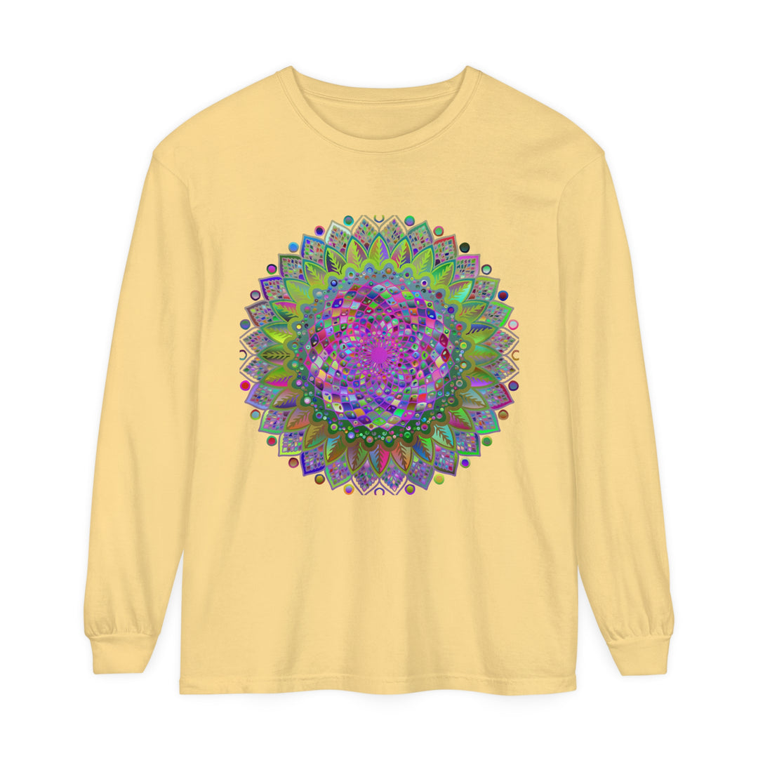 Vibrant and colorful Mandala design printed on a unisex long sleeve T-shirt