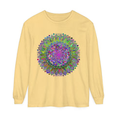Vibrant and colorful Mandala design printed on a unisex long sleeve T-shirt
