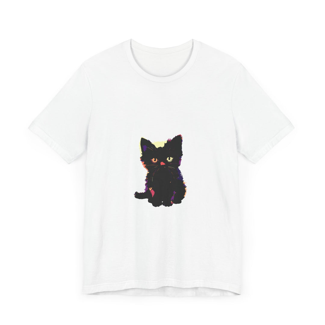 A graphic tee featuring a cute black cat design on a white t-shirt