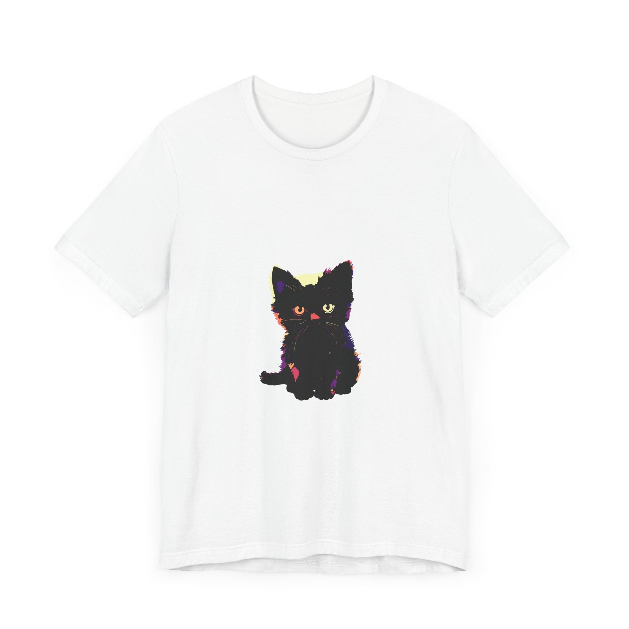 A graphic tee featuring a cute black cat design on a white t-shirt