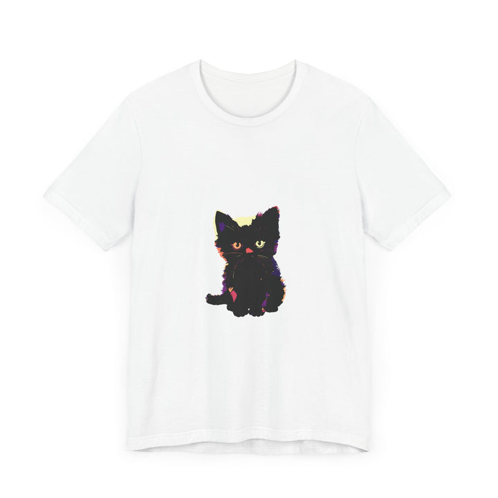 A graphic tee featuring a cute black cat design on a white t-shirt