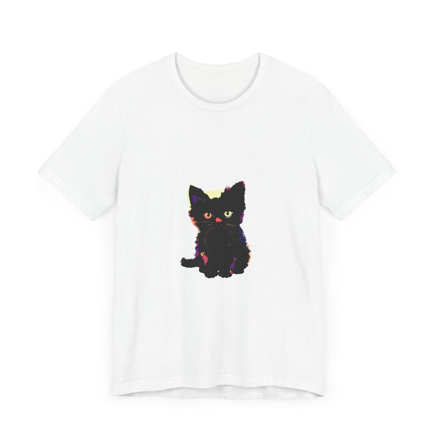A graphic tee featuring a cute black cat design on a white t-shirt