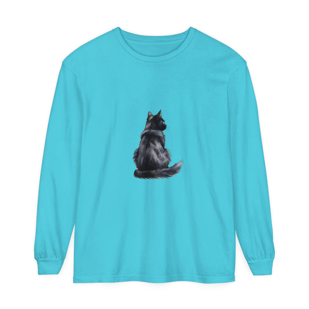 Black Cat Watercolor Long Sleeve T-Shirt with vibrant watercolor design