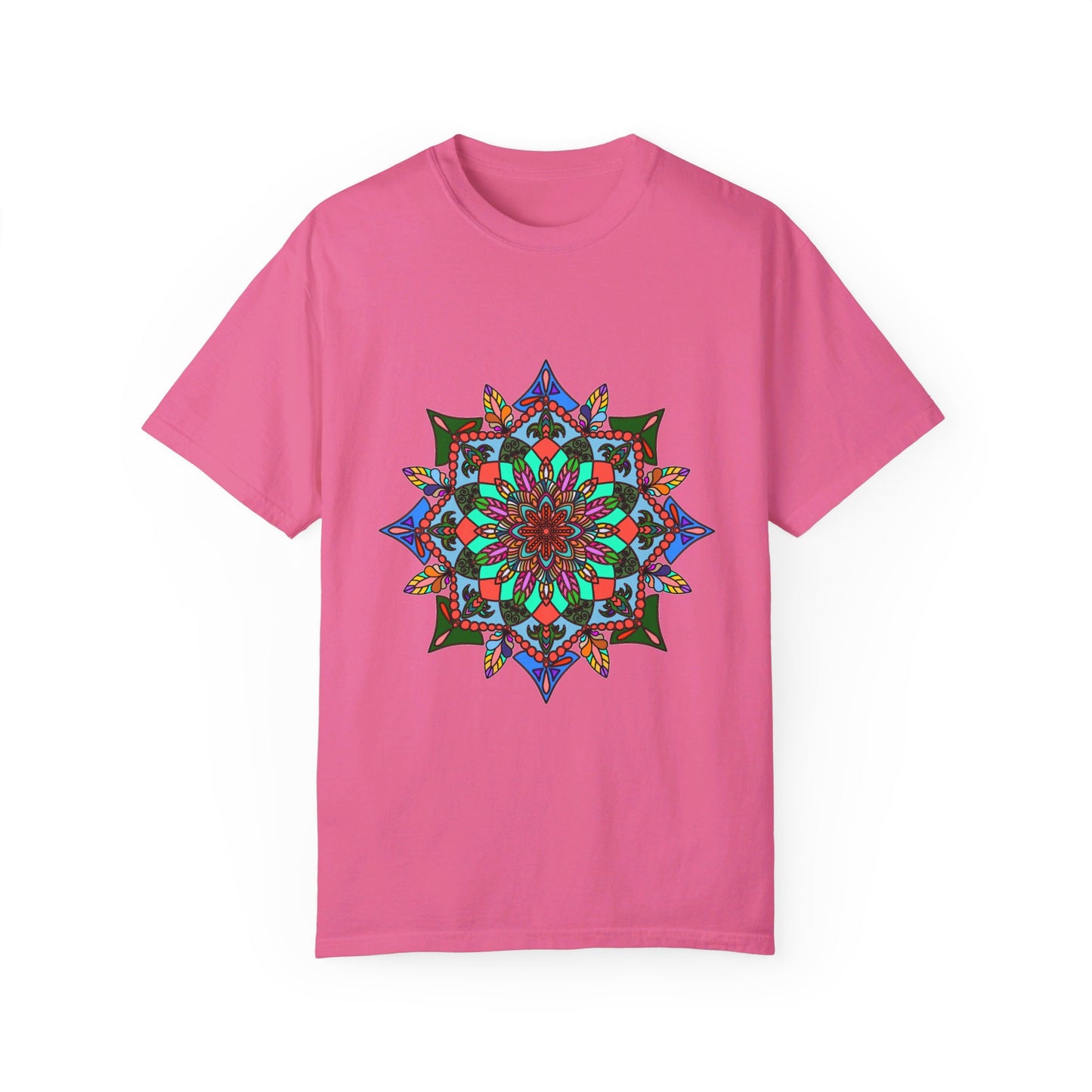 Unisex Mandala T-Shirt made of 100% Ring-Spun Cotton, garment-dyed for extra comfort, featuring hand-drawn Mandala Art design