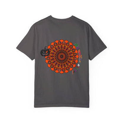 Unisex t-shirt featuring a handmade pumpkin mandala art design, perfect for Halloween celebrations, garment-dyed for a unique and vibrant look