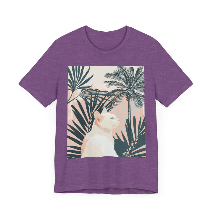 Adorable cat tee with a fashionable tropical palm leaf print