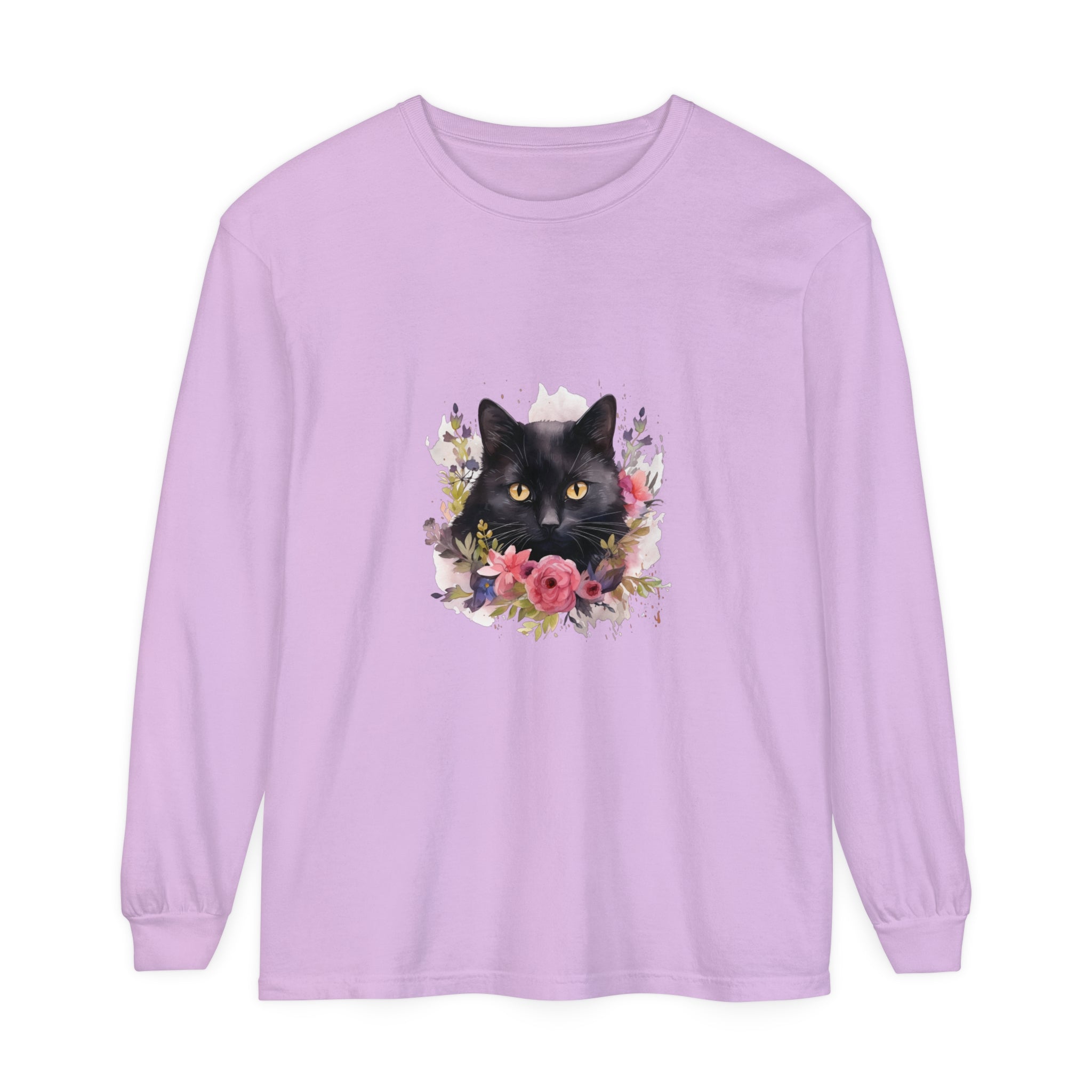 Black Cat Floral Watercolor Long Sleeve T-Shirt featuring a stunning watercolor floral design and a charming black cat graphic