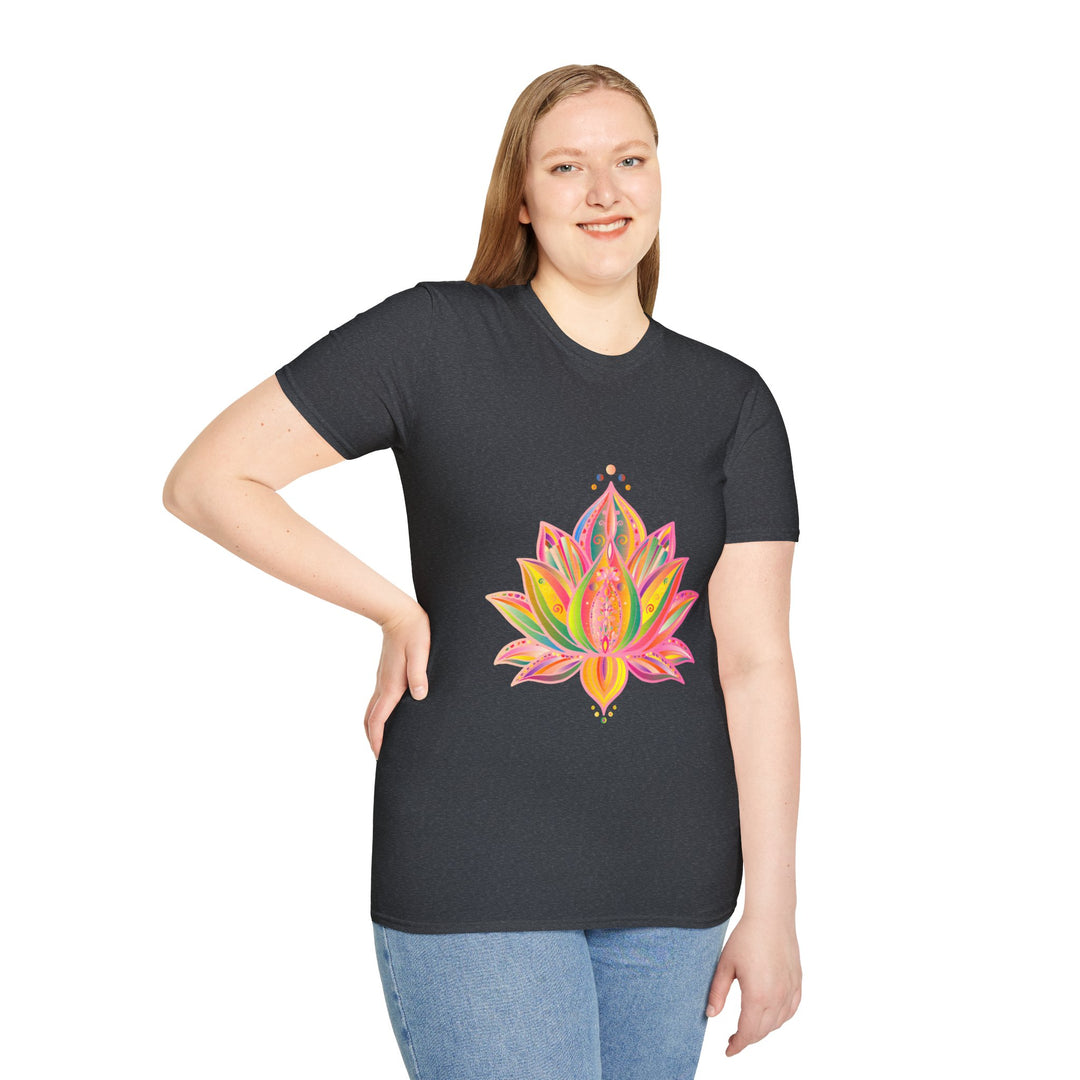 Lotus Mandala Unisex T-Shirt featuring a hand-drawn, unique design by Blululi