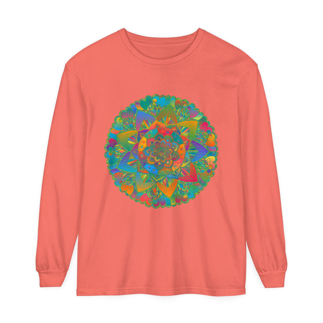 Colorful and intricate mandala design featured on a unisex long sleeve t-shirt