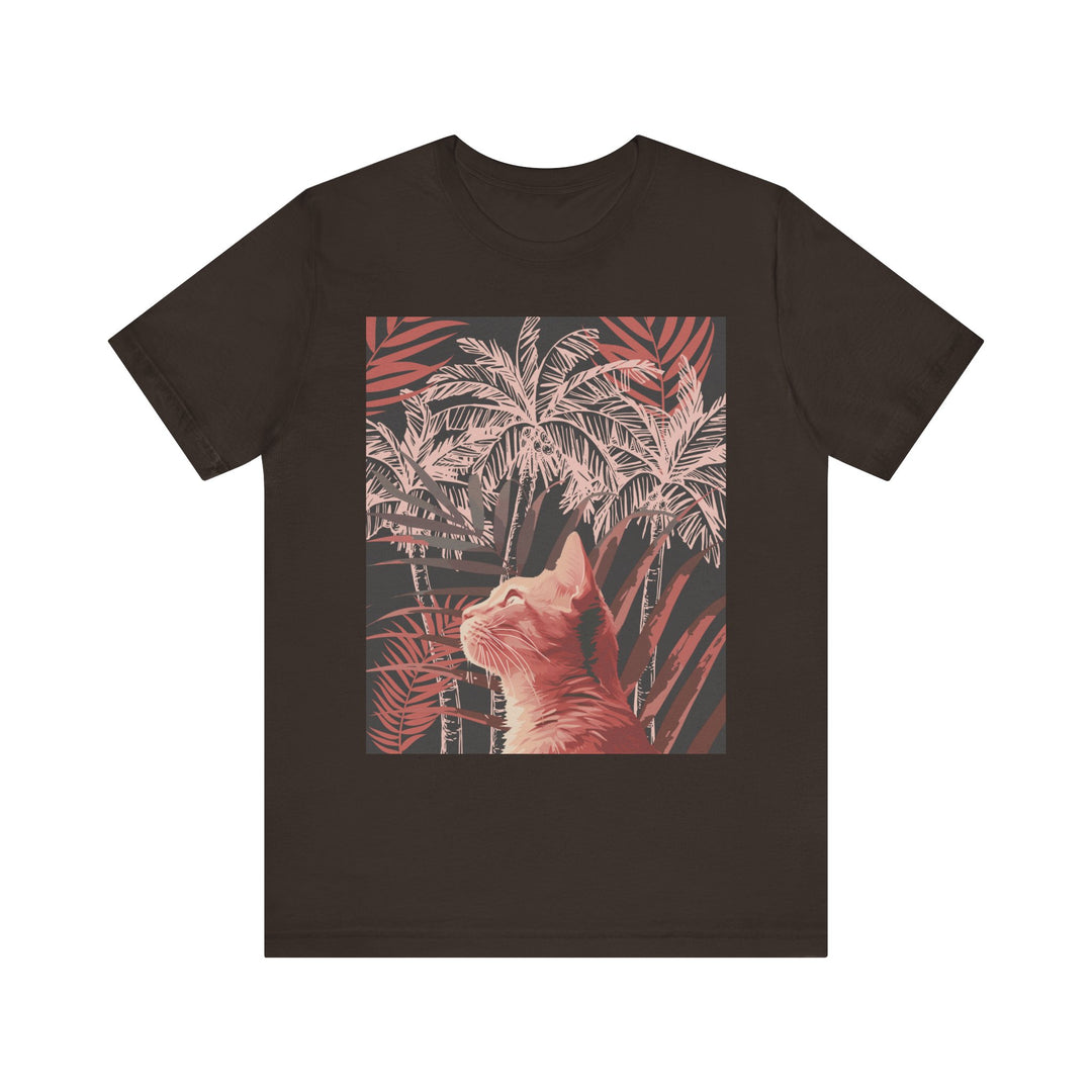 A cute ginger cat lounging under a palm tree on a soft, comfortable t-shirt