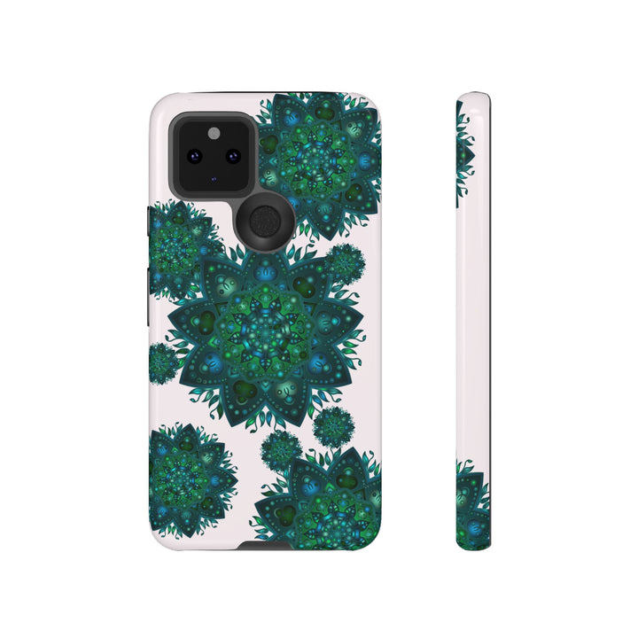 A beautifully designed light pink and green mandala phone case with a peaceful and intricate pattern