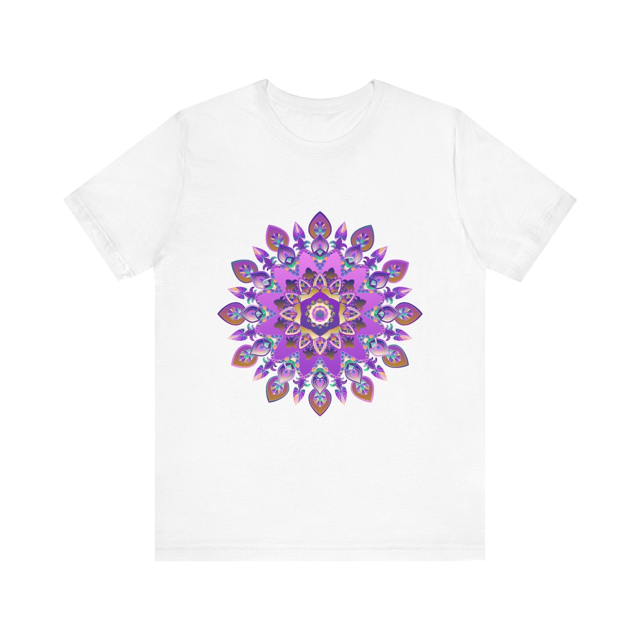 Beautiful purple and gold mandala tee featuring intricate spiritual art design