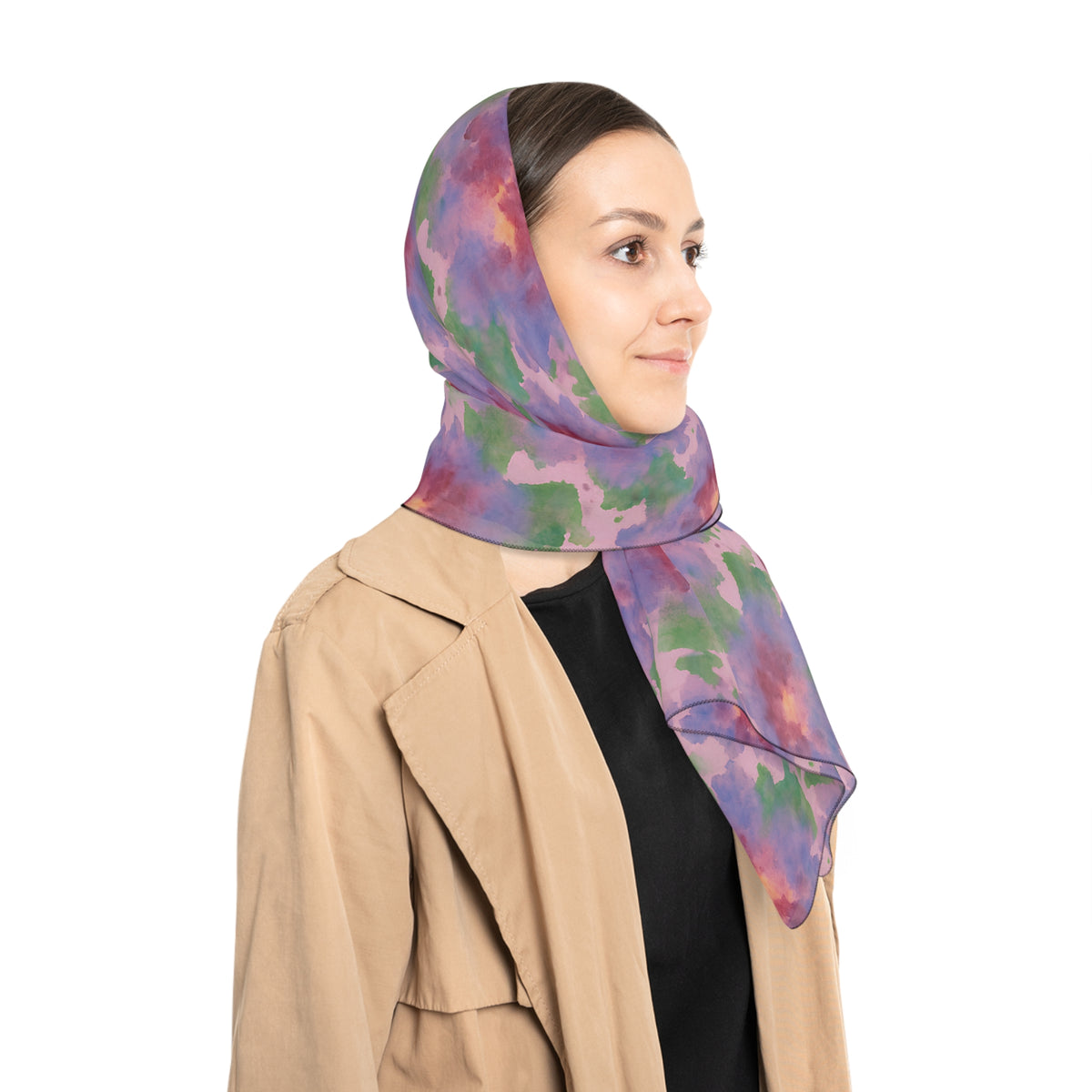 Floral Watercolor Poly Scarf - Lavender Pink Green Spring Pattern
