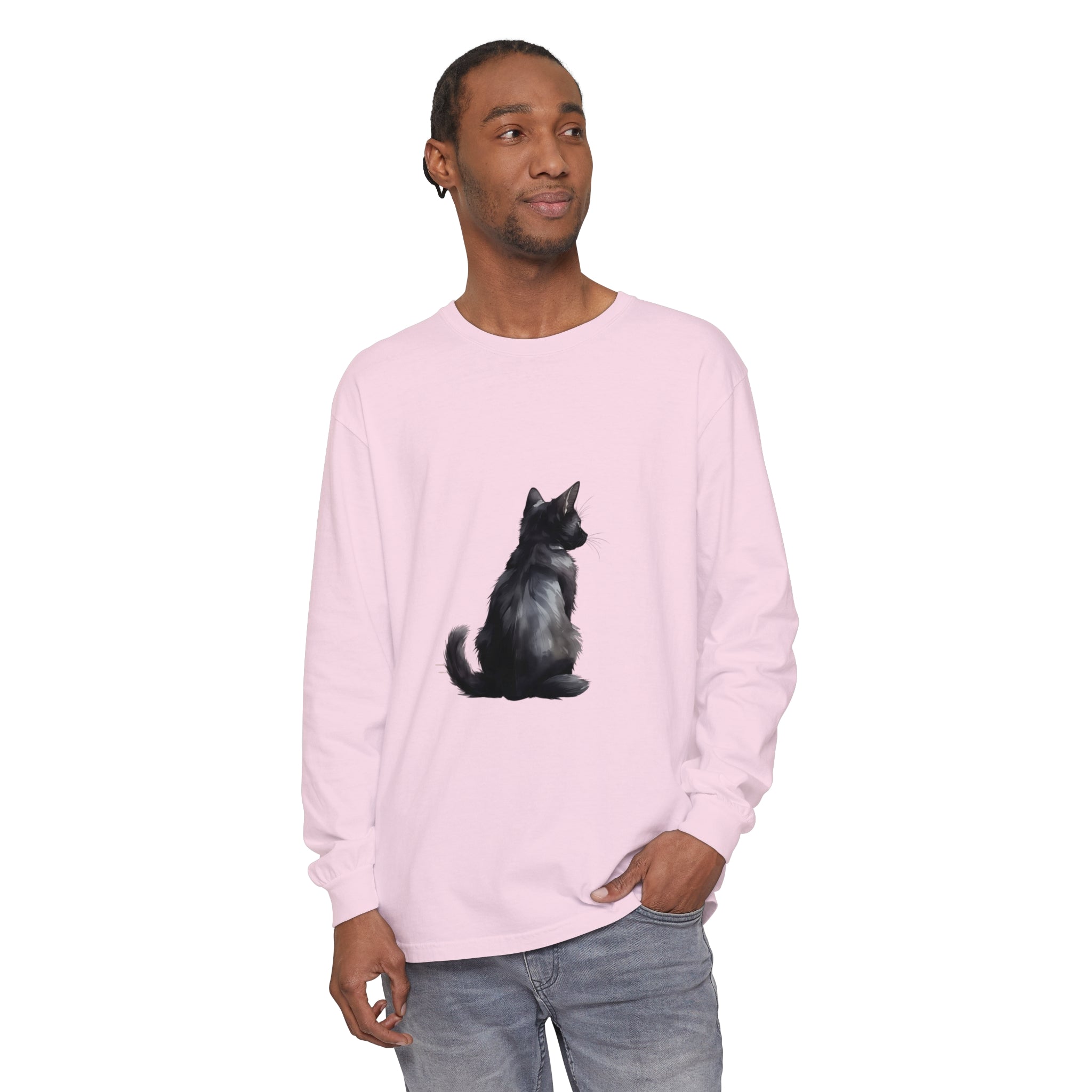 Black Cat Mystery unisex long sleeve tee featuring a mysterious black cat silhouette against a dark, moody background