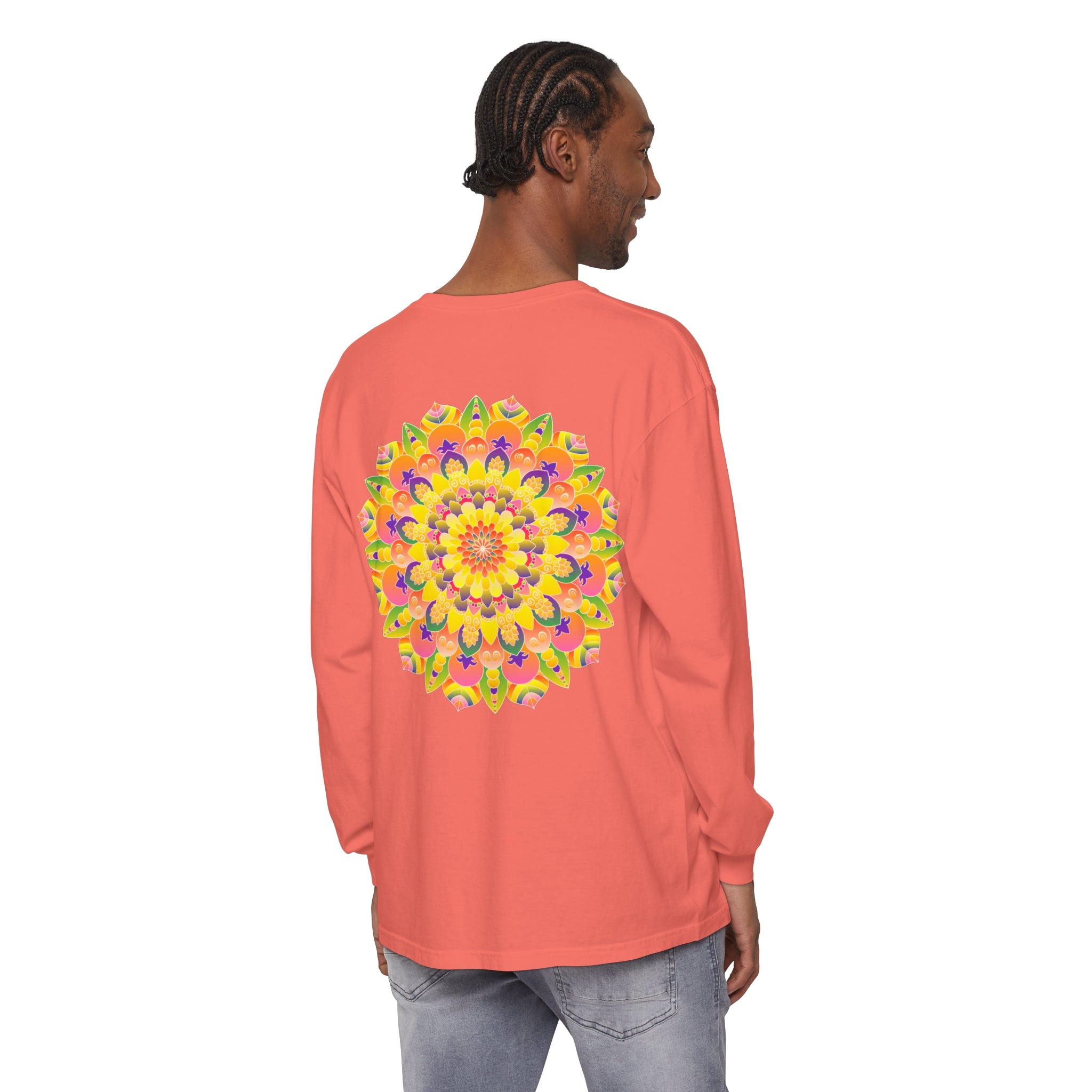 Colorful and intricate mandala design on a unisex long sleeve t-shirt