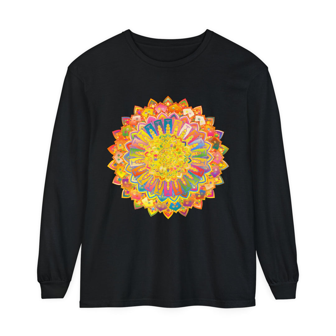 Intricate Mandala Unisex Long Sleeve T-Shirt with detailed geometric design in black and white